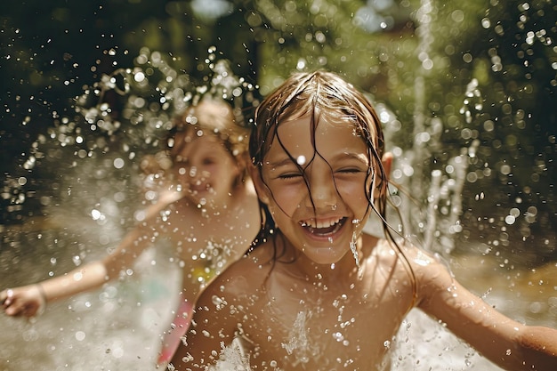 Kids joyfully chasing playful sprinklers photography