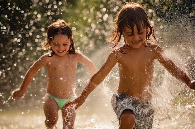 Kids joyfully chasing playful sprinklers photography