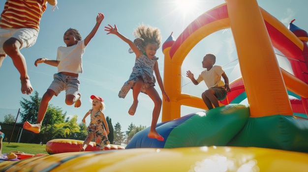 Kids joyfully jumping at inflatable bounce house