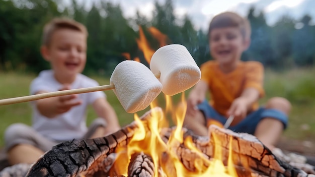 Photo kids laughing and roasting marshmallows around a bonfire on a summer night perfect for camping