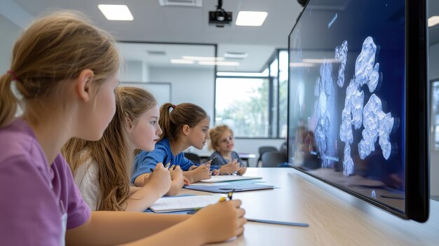 Photo kids learning with interactive screen in modern classroom