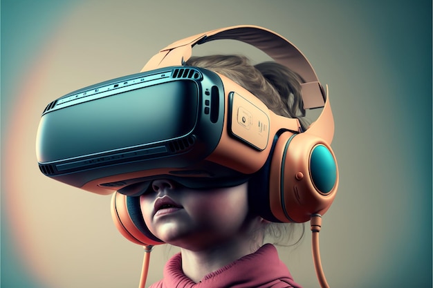 Kids and Metaverse Child with VR headset in fantasy world cyber world virtual reality The future of children generation alpha Metaverse digital technology concept Generative AI