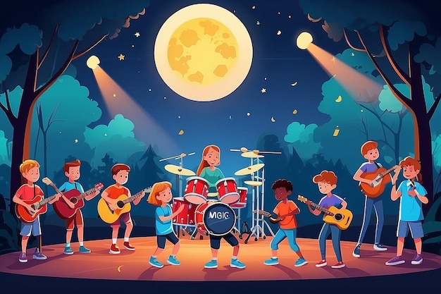 Kids music band playing on stage at outdoor festival vector illustration