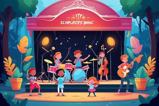 Kids music band playing on stage at outdoor festival vector illustration