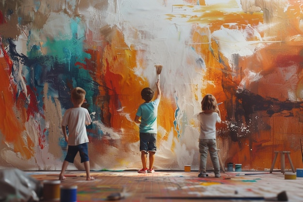 Kids painting a mural