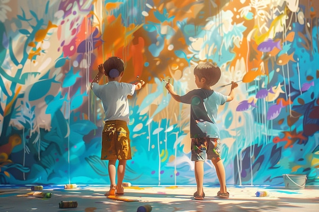 Kids painting a mural