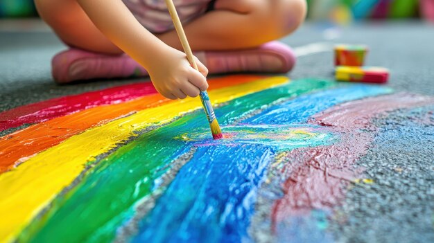 Photo kids painting rainbows with bright colors