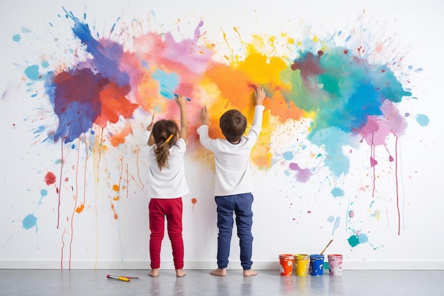 kids painting on a wall with paintbrushed paint.