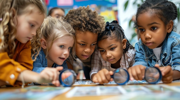 Kids participating in a classroom scavenger hunt searching for hidden items