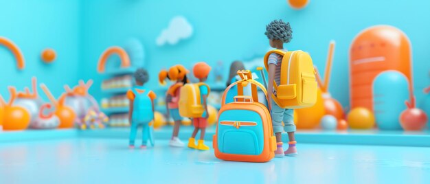 Kids picking out colorful backpacks and supplies in a busy store Backtoschool Digital Bright and cheerful Exciting and fun