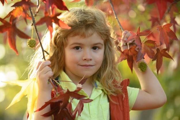 Kids play in autumn park children portrait with yellow leaves child boy with oak and maple leaf outd