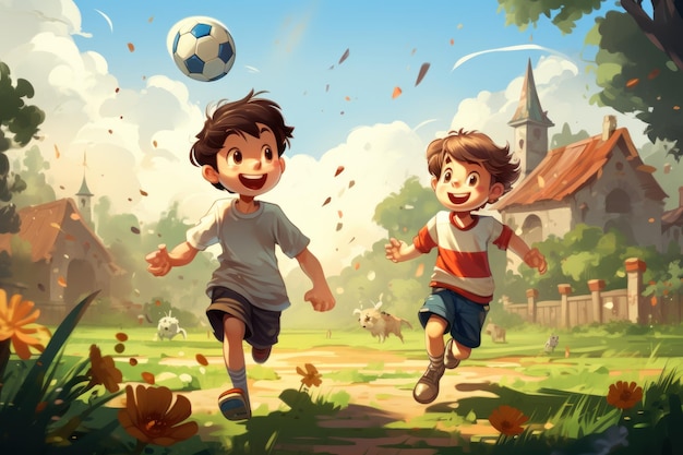 Kids play football in the garden vector illustration