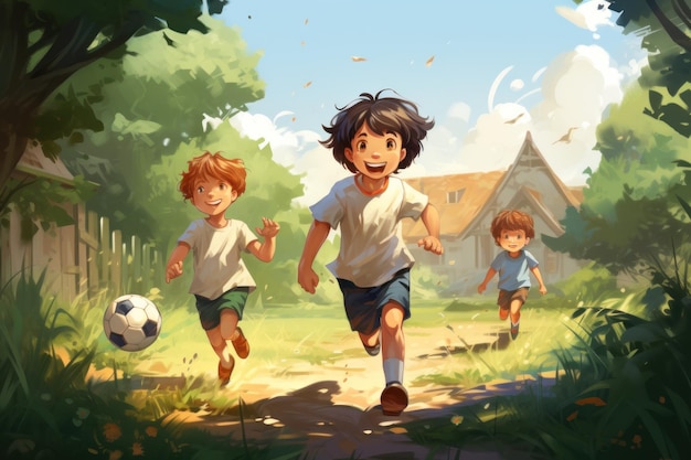 Kids play football in the garden vector illustration