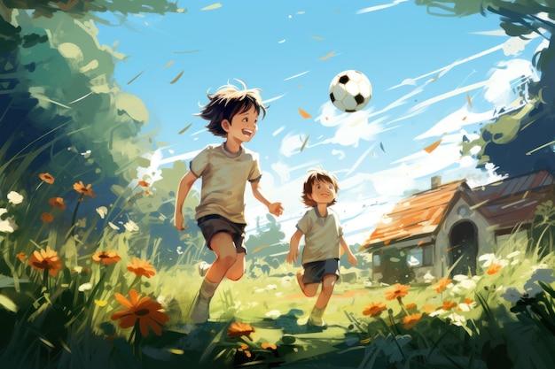 Kids play football in the garden vector illustration