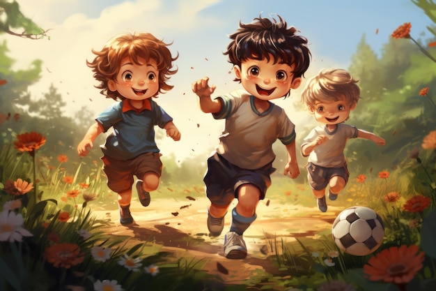 Kids play football in the garden vector illustration