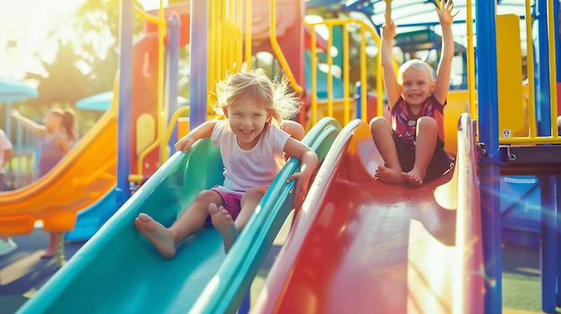 Kids on playground Children play outdoor on school yard slide Healthy activity Summe Generative AI