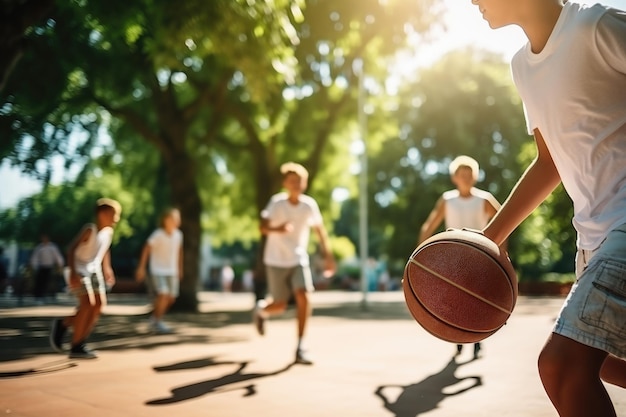 Kids playing basketball on street basketball court