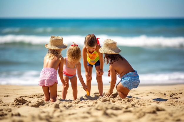 Kids playing on the beach with the ocean in the background