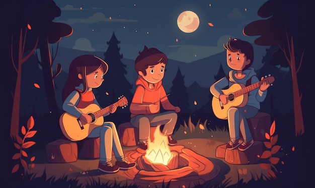 Kids playing guitar on a camp fire illustration design with generative ai