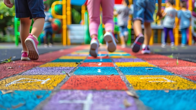 Kids playing hopscotch on the school playground with a vibrant background