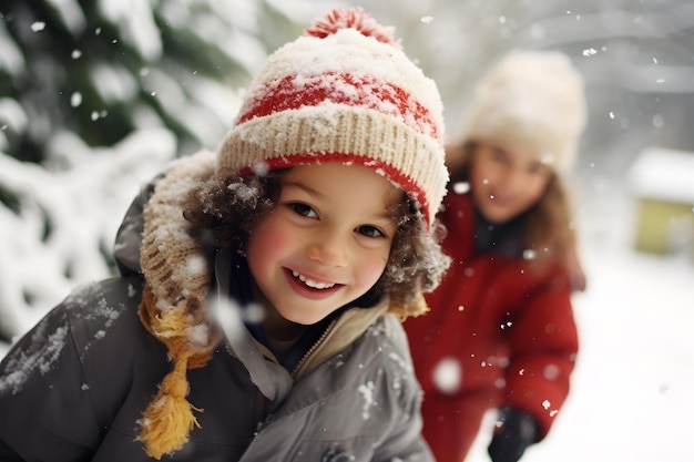 Kids playing in the snow with Christmas hats and scarves