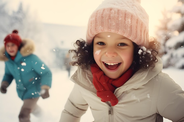 Kids playing in the snow with Christmas hats and scarves