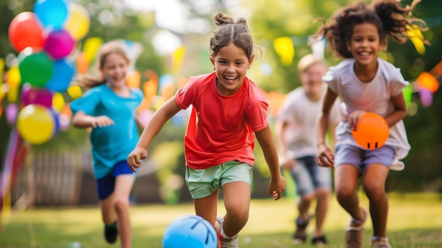 Kids playing soccer in the park They are all smiling and having fun The sun is shining and the sky is blue