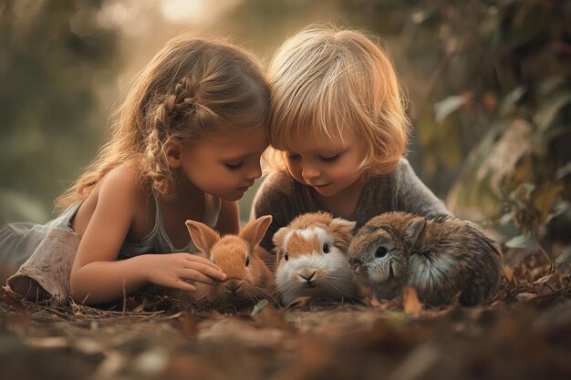 Photo kids playing with animals a photorealistic image o generative ai