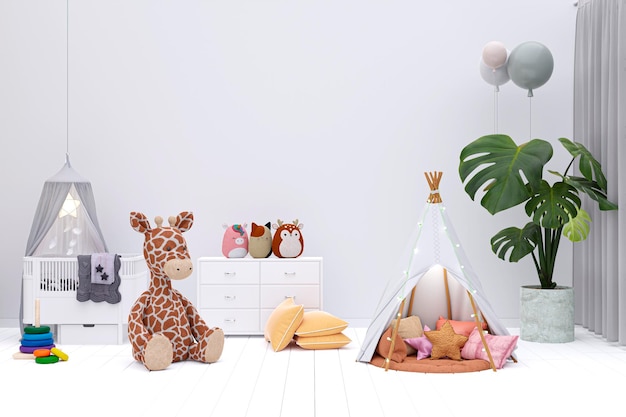 Kids playroom with stuffed toy animals and play teepee 3d rendered illustration