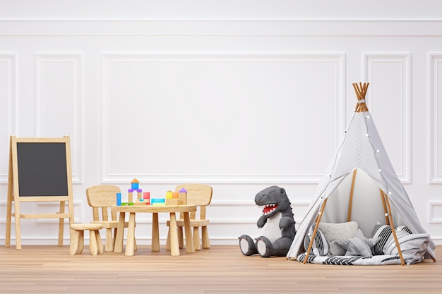 Kids playroom with stuffed toy animals and teepee 3d rendered illustration