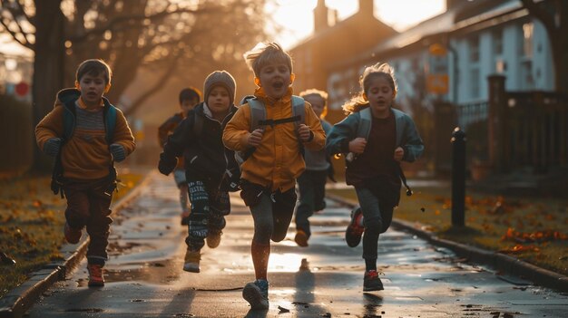 Kids race rain sidewalk sunset