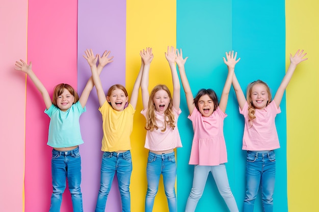 Kids raising arms cheering with mockup board