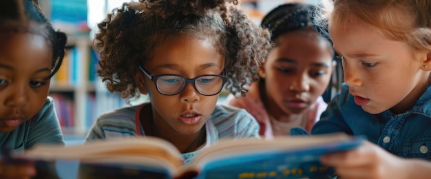 Kids reading their faces filled with curiosity