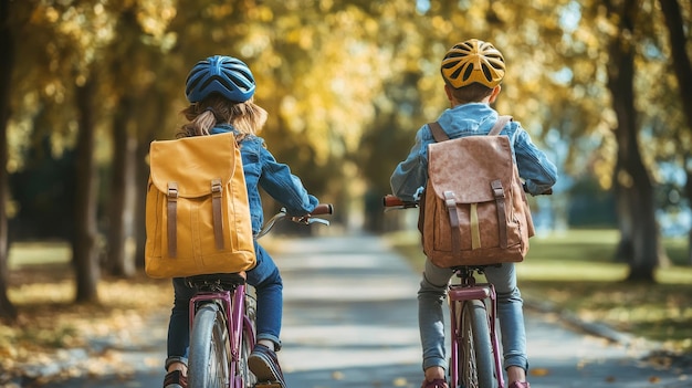 Photo kids riding bikes to school in autumn two children a boy and a girl riding bicycles on a pa