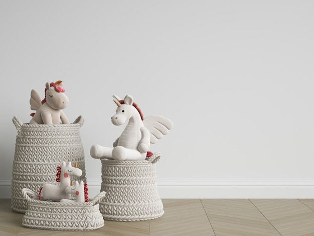 Photo kids room decoration wicker baskets with plush toys standing on the floor in light empty roomdigital illustration3d rendering