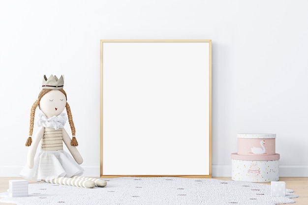 Kids room frame mockup gold and plush doll