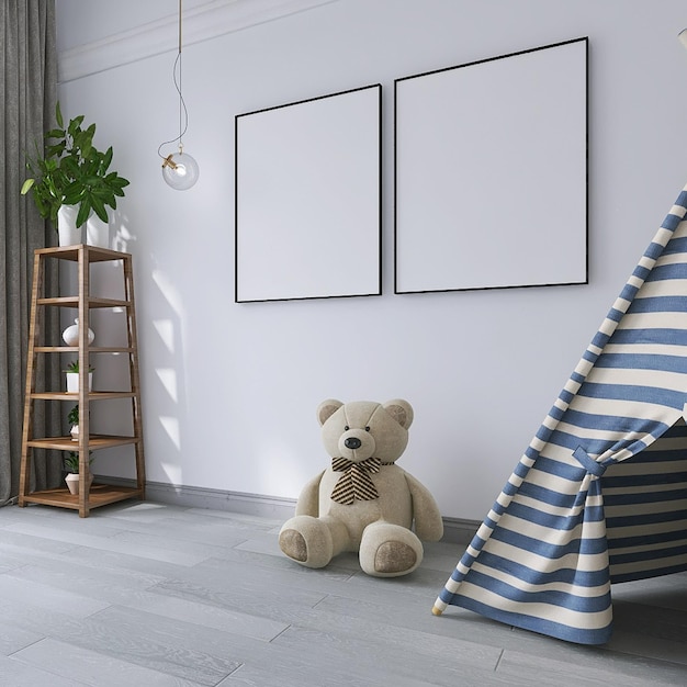 Kids room interior with two poster frame mockup, cabana, white background, teddy bear