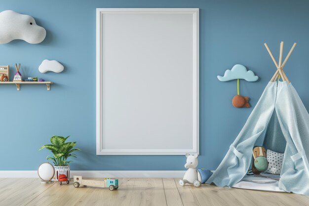 Photo kids room mockup in blue interior white frame mockup a4