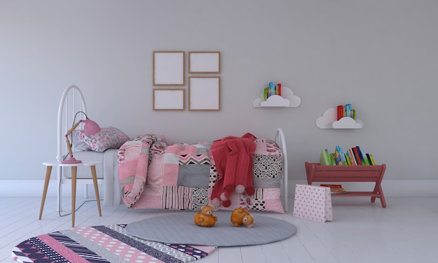 Kids Room, Play house, kids furniture with toy and four frame mockup