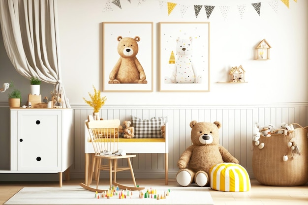 Kids room with light wooden wall trim and toy bear