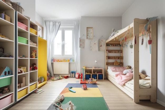 A kids room with toys books and clothes kept in their proper places created with generative ai