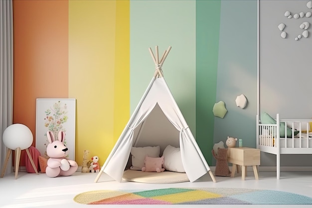 Kids room with a wigwam a plush and wooden toys Stylish and cute child room decor Generative AI