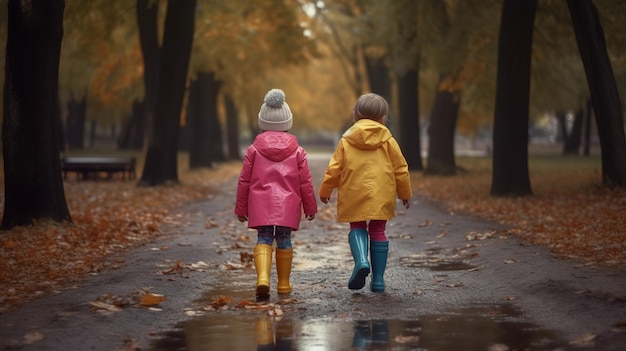 Kids in rubber boots walking in the park Generative ai