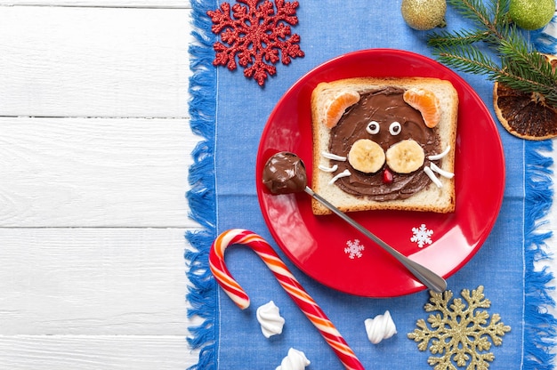 Kids sandwich in a shape of tiger made of fresh fruits and chocolate on a plate with copy space. New Year, Christmas food. Top view.