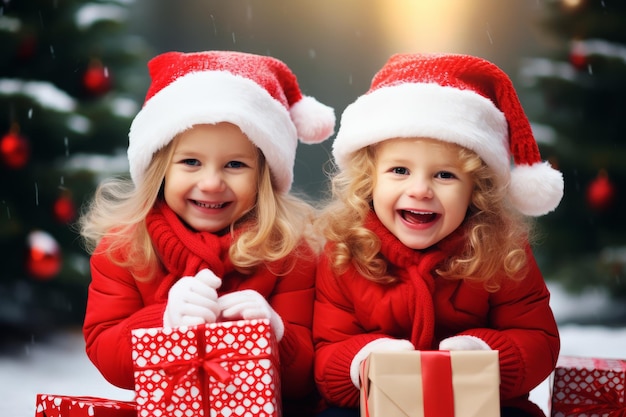 kids in santa claus hats with a christmas presents