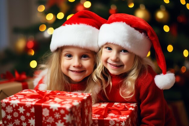 kids in santa claus hats with a christmas presents