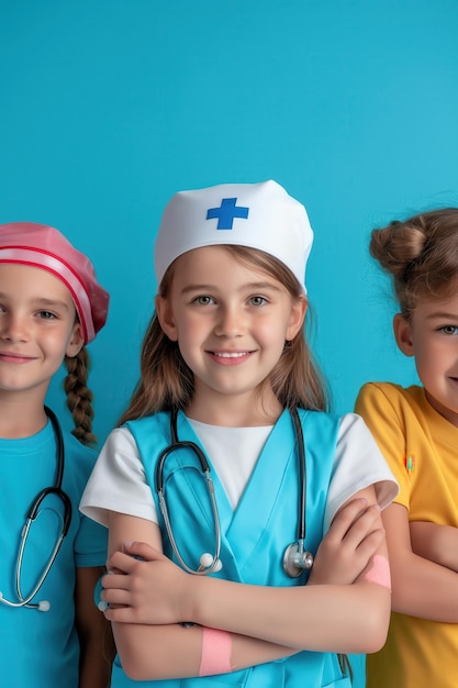 Photo kids in school first aid class medical props background design with copywriting space ar 23 style ra