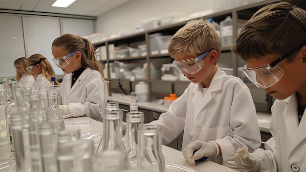 Kids in a science class conducting experiments with lab coats and goggles on