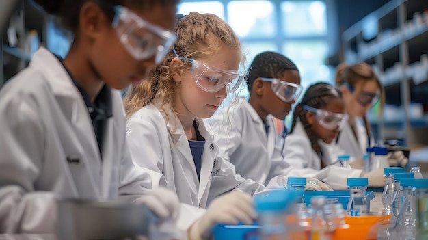 Kids in a science class conducting experiments with lab coats and goggles on