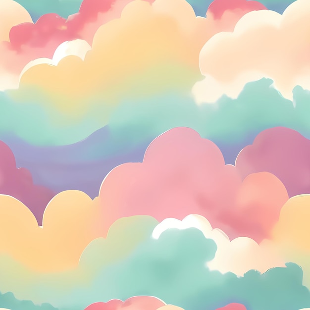 Kids Seamless Repeat Pattern pastel rainbow children designs sky clouds rainbow fabric print surface design packing cute nature Generative AI